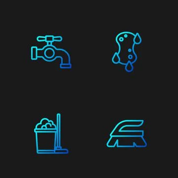 Set line Brush for cleaning, Mop and bucket, Water tap and Sponge. Gradient Stock-Illustration
