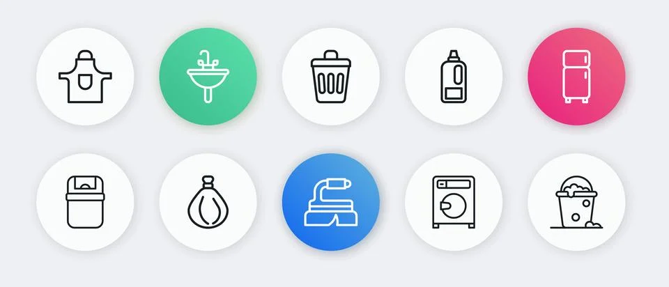 Set line Brush for cleaning, Refrigerator, Trash can, Washer, Bottle deterg.. Stock Illustration