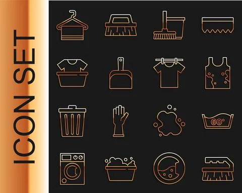 Set line Brush for cleaning, Temperature wash, Dirty t-shirt, Mop and bucket Stock-Illustration