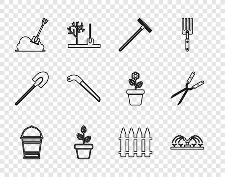 Set line Bucket, Automatic irrigation sprinklers, Garden rake, Flowers pot Illustration