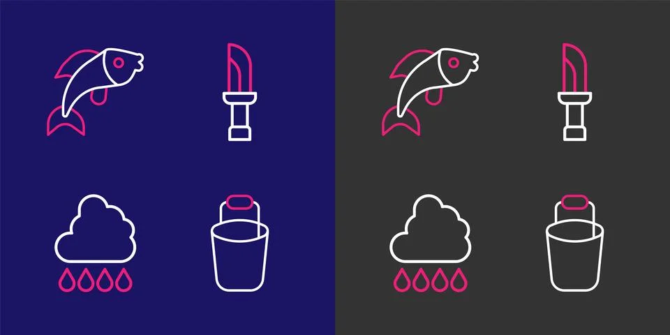 Set line Bucket, Cloud with rain, Knife and Fish icon. Vector Stock Illustration