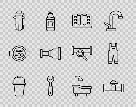 Set line Bucket, Industry pipe and valve, Test tube with water drop, Wrench.. Stock Illustration