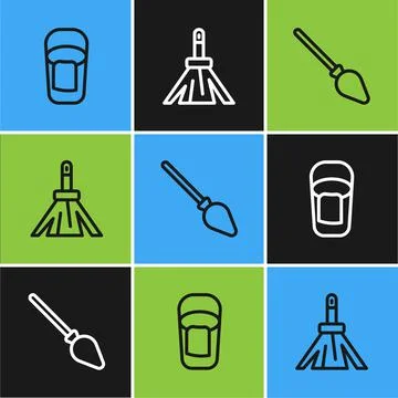 Set line Bucket with rag, Handle broom and icon. Vector Illustration
