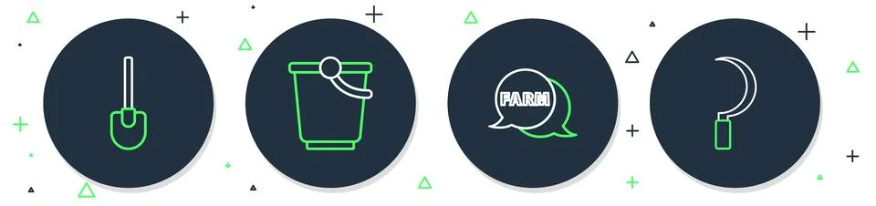 Set line Bucket, Speech bubble with Farm, Shovel and Sickle icon. Vector Stock Illustration