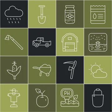 Set line Bucket, Sun and cloud weather, Automatic irrigation sprinklers, Ja.. Stock Illustration