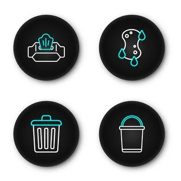 Set line Bucket, Trash can, Sponge and Wet wipe pack icon. Vector Stock Illustration