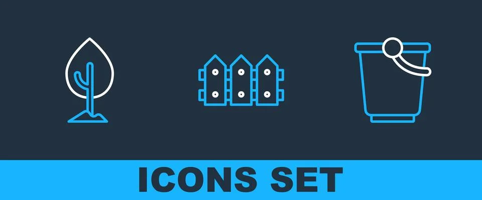 Set line Bucket, Tree and Garden fence wooden icon. Vector Stock Illustration
