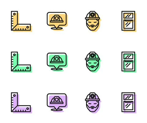 Set line Builder, Corner ruler, Worker safety helmet and Window in room icon Illustrazione stock