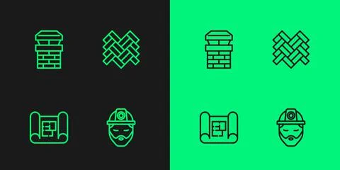 Set line Builder, House plan, Chimney and Parquet icon. Vector Ilustración de archivo
