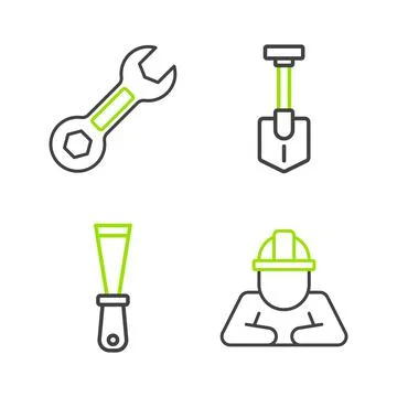 Set line Builder, Putty knife, Shovel and Wrench spanner icon. Vector 스톡 일러스트