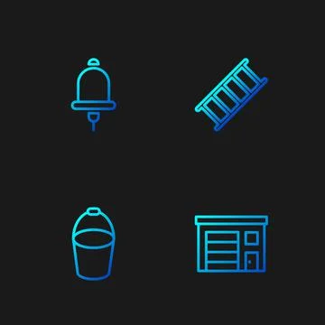 Set line Building of fire station, Fire bucket, Ringing alarm bell and escape Ilustración de archivo