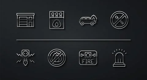 Set line Building of fire station, Electricity spark, No match, Fire alarm Ilustración de archivo