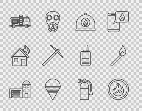 Set line Building of fire station, Fire flame, Firefighter helmet, cone bucket Ilustración de archivo