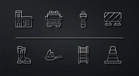 Set line Building of fire station, Fire boots, Road barrier, escape, Pan with Ilustración de archivo