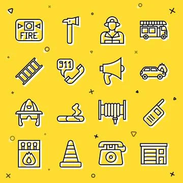 Set line Building of fire station, Walkie talkie, Burning car, Firefighter Ilustración de archivo