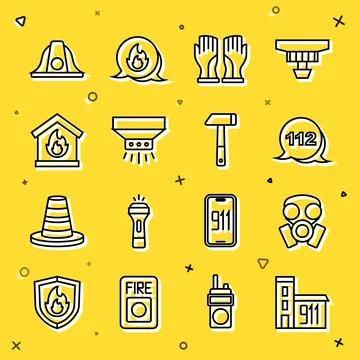 Set line Building of fire station, Gas mask, Emergency call, Firefighter gloves Ilustración de archivo