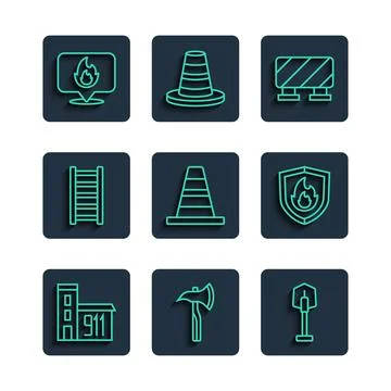 Set line Building of fire station, Firefighter axe, shovel, Road barrier, T.. Ilustración de archivo