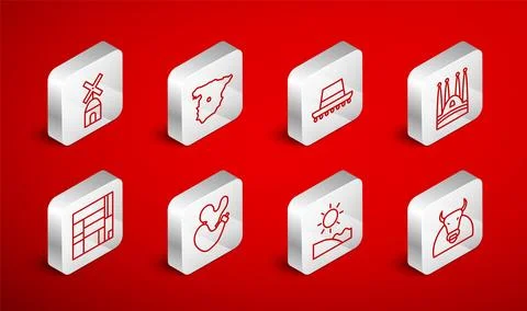 Set line Bull, Map of Spain, Spanish hat, Sagrada Familia, Beach, Windmill Stock-Illustration