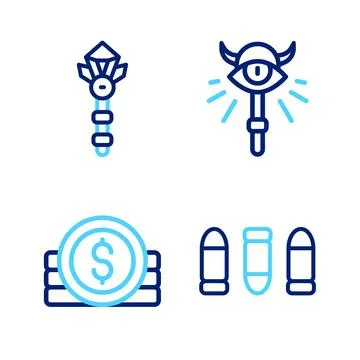 Set line Bullet, Ancient coin, Magic staff and wand icon. Vector Stock Illustration