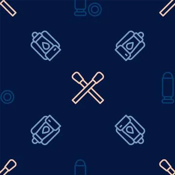 Set line Bullet, Camping lantern and Burning match with fire on seamless pattern 스톡 일러스트