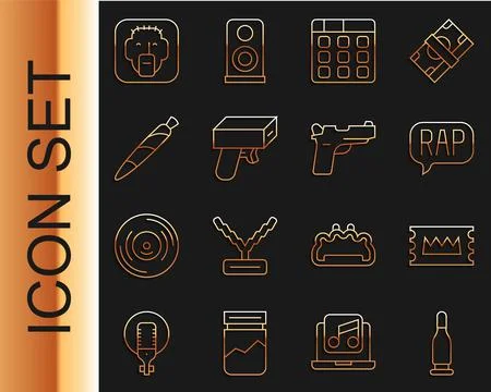 Set line Bullet, Concert ticket, Rap music, Drum machine, Money gun, Marijuan Illustrazione stock