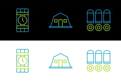 Set line Bullet, Dynamite and timer clock and Military barracks icon. Vector 스톡 일러스트