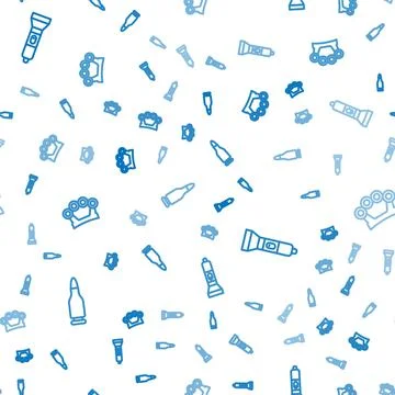 Set line Bullet, Flashlight and Brass knuckles on seamless pattern. Vector Stock Illustration