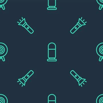 Set line Bullet, Flashlight and Target sport on seamless pattern. Vector Stock Illustration