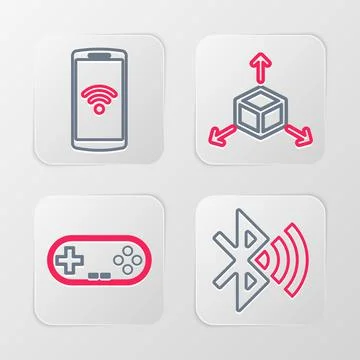 Set line Bullet, Gamepad, Isometric cube and Earth globe icon. Vector Stock Illustration