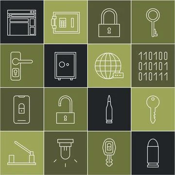Set line Bullet, Key, Binary code, Lock, Safe, Door handle, Website template and Stock Illustration