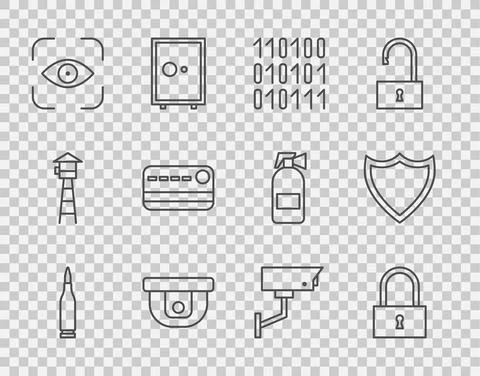 Set line Bullet, Lock, Binary code, Motion sensor, Eye scan, Credit card Stock Illustration