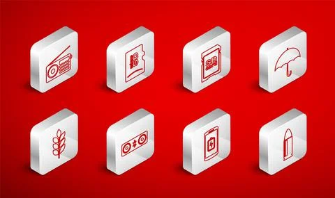 Set line Bullet, Micro SD memory card, Umbrella, Smartphone battery charge Stock Illustration