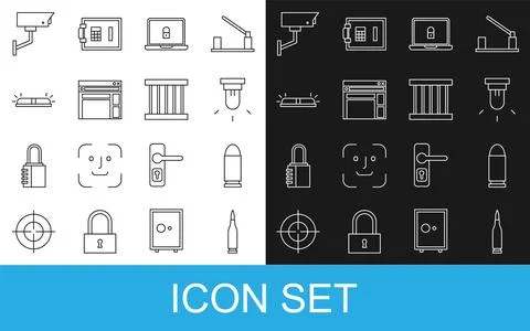 Set line Bullet, Motion sensor, Laptop and lock, Website template, Flasher .. Stock Illustration