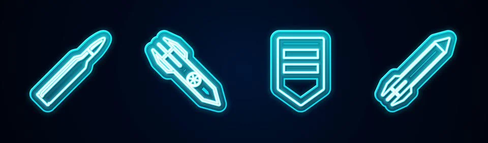 Set line Bullet, Nuclear rocket, Chevron and Rocket. Glowing neon icon. Vector Stock Illustration