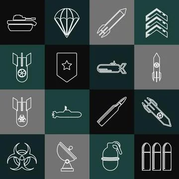Set line Bullet, Nuclear rocket, Rocket, Chevron, bomb, Military tank and Stock Illustration