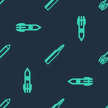 Set line Bullet, Nuclear rocket and Rocket on seamless pattern. Vector Illustrazione stock