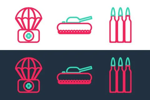 Set line Bullet, Parachute with first aid kit and Military tank icon. Vector イラスト素材