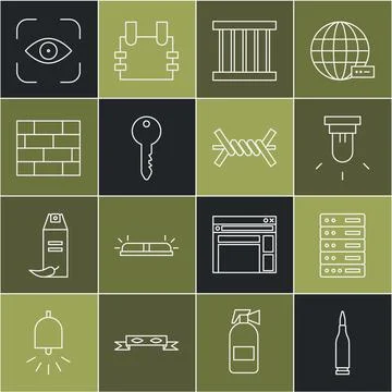 Set line Bullet, Server, Data, Web Hosting, Motion sensor, Prison window, Key Stock Illustration