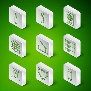 Set line Bullet, Shield, Parking car barrier, Social network, Watch tower Stockillustratie