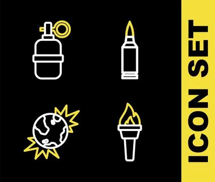 Set line Bullet, Torch flame, Bomb explosive planet earth and Hand grenade .. Stock Illustration