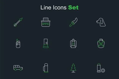 Set line Bullet, Tree, Thermos container, Safari car, Canteen water bottle,.. Stock Illustration