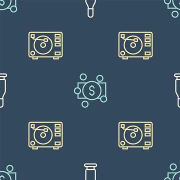 Set line Bullet, Vinyl player with vinyl disk and Stacks paper money cash on Stock Illustration
