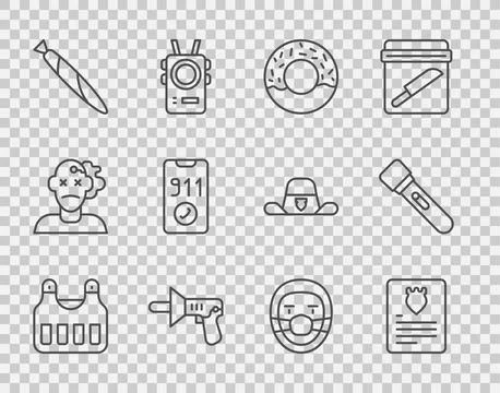 Set line Bulletproof vest, The arrest warrant, Donut, Police megaphone Stock Illustration