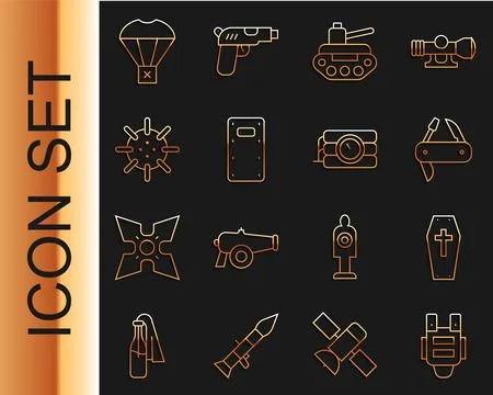 Set line Bulletproof vest, Coffin with cross, Swiss army knife, Military ta.. Stock Illustration