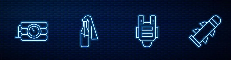 Set line Bulletproof vest, Dynamite and timer clock, Cocktail molotov and Rocket Stock Illustration