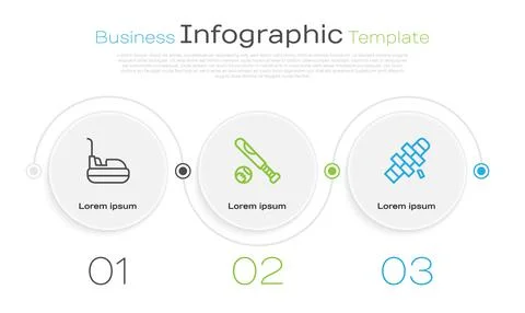 Set line Bumper car, Baseball bat with ball and Hopscotch. Business infographic Ilustración de archivo