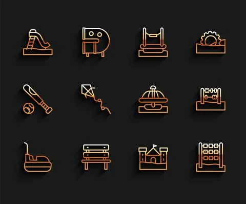 Set line Bumper car, Bench, Kid slide, Sand castle, Tic tac toe game, Kite Stock-Illustration