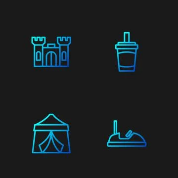Set line Bumper car, Circus tent, Castle and Paper glass with water. Gradie.. Ilustración de archivo