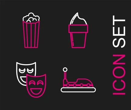Set line Bumper car, Comedy theatrical masks, Ice cream in waffle cone and .. Illustrazione stock