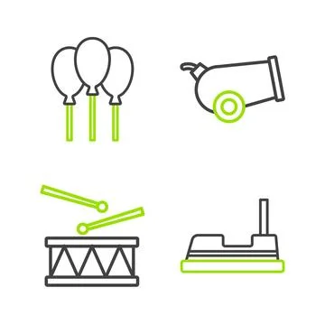 Set line Bumper car, Drum with drum sticks, Cannon and Balloons ribbon icon.. Stock Illustration